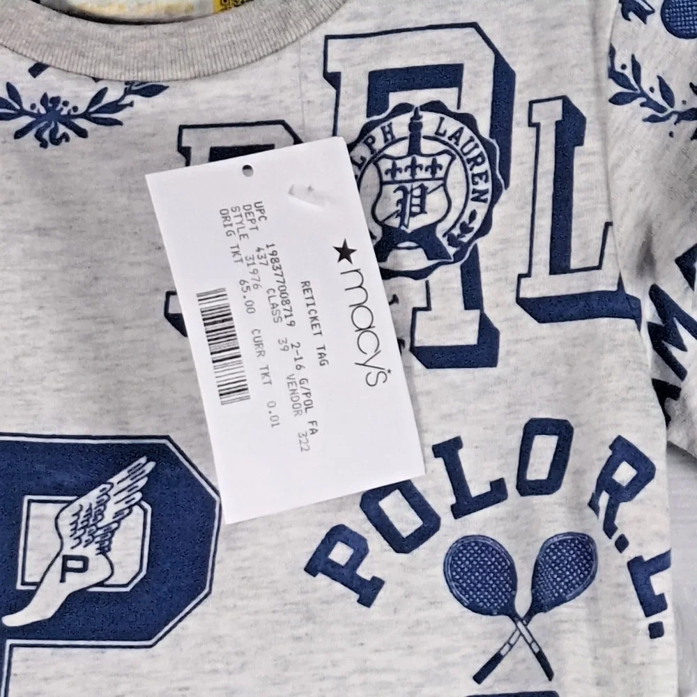 Polo Ralph Lauren Boys Size 2 T-Shirt Gray Multi Graphic Crest Tennis Tee NWOT